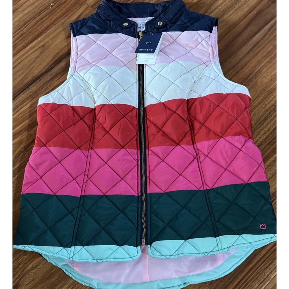 New $75 CROWN & IVY Womens Icon Full Zip‎ Quilted Vest Colorblock Stripe Large